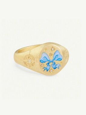 18K Gold Plated Stainless Steel Bow Signet Ring Blue Enamel Vintage Size 6.75-7